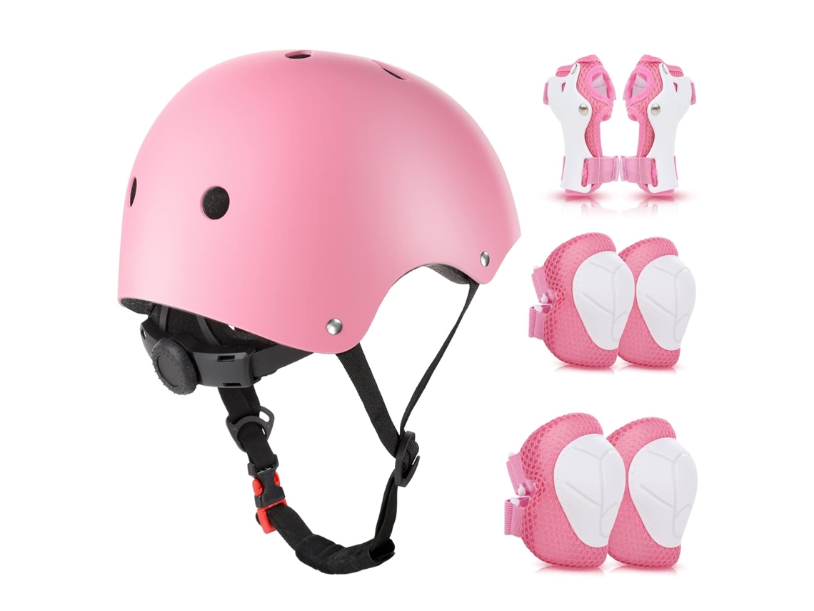 Conjunto de protección infantil con casco y rodilleras para patines (rosa)