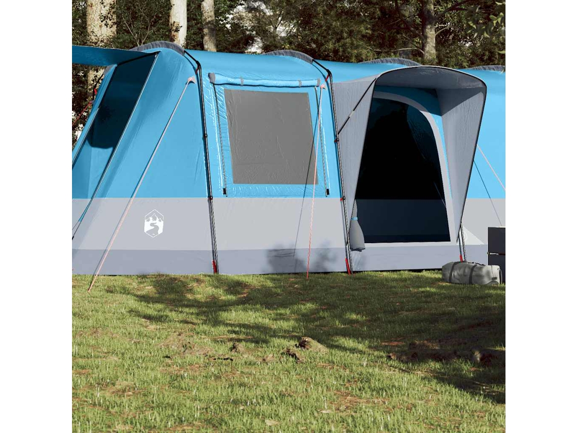 Tienda de campaña tipo túnel azul impermeable para 4 personas.