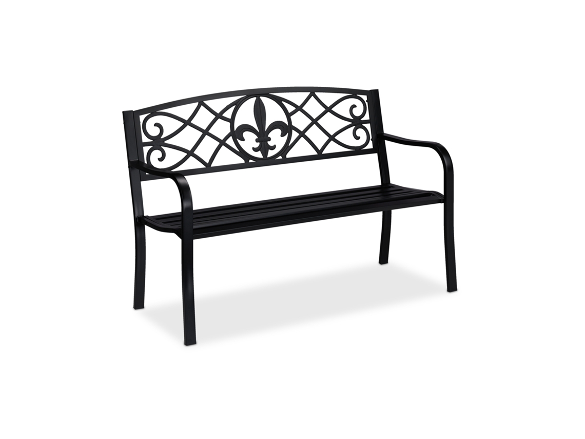 Banco De Jardín Relaxdays, Motif Fleur De Lis, 2 Plazas, Acero, Jardín Y Terraza, Hxbxt: 86 X 127 X 60 Cm, Negro