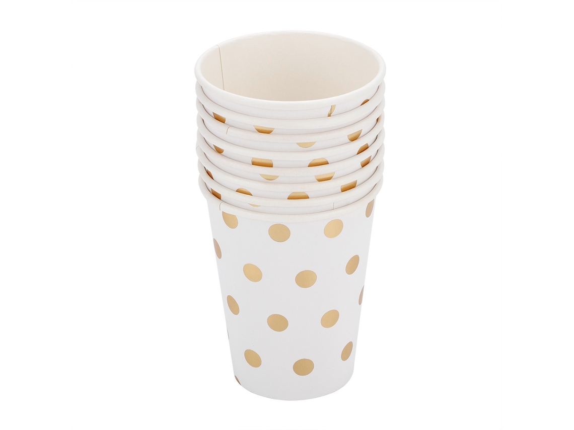 HYMNORA 8 Unidades de Vasos de Papel Desechables Doble Capa 270 ml, con Estampado de Punto Dorado, para Bebidas, Fiesta, Decoración