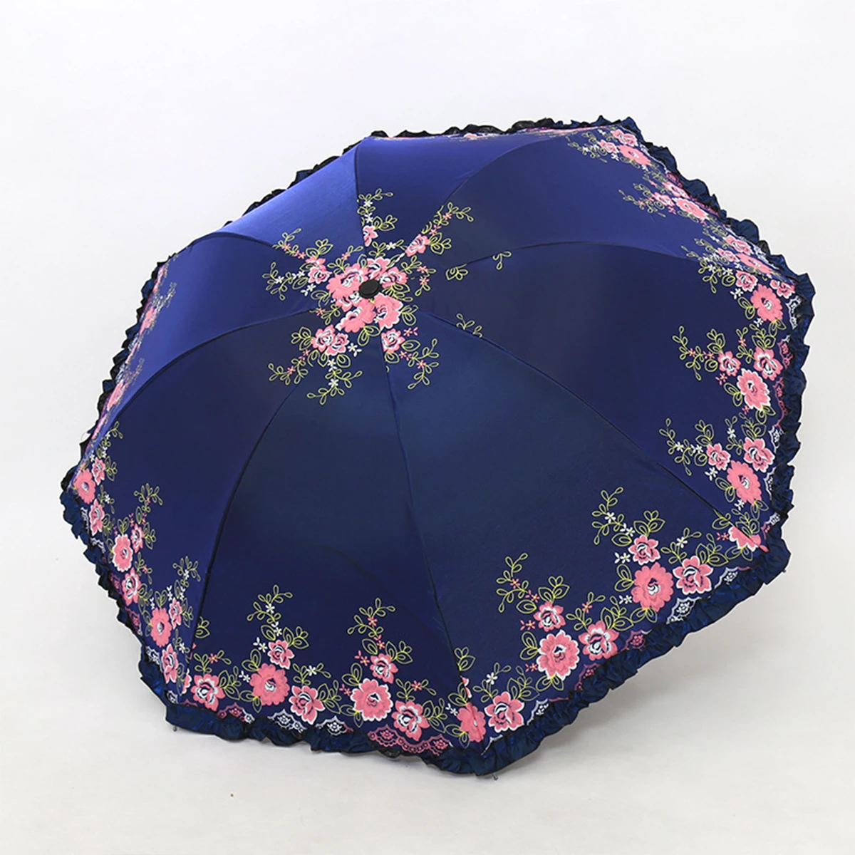 Paraguas Retro Mingde (azul Marino), Paraguas Resistente Para Protección Solar, Mini Paraguas Plegable De Tres Secciones Portátil.