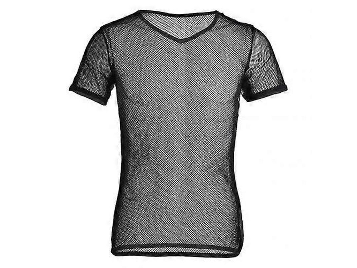 Camiseta de malla transparente para hombre, sexy de verano, cuello redondo, manga corta, estilo casual deportivo, negra, talla XL