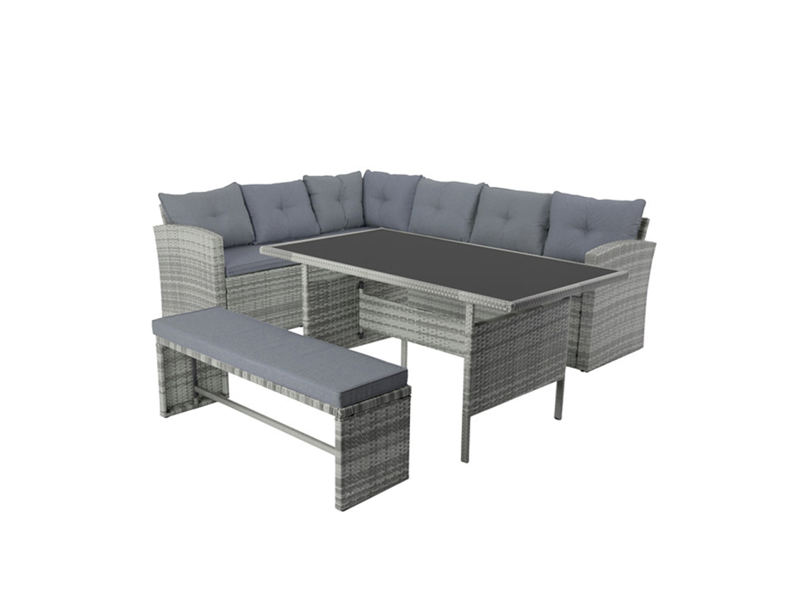 Muebles de jardín Moorea de 8 plazas con sofá esquinero en resina trenzada gris Concept U
