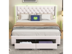 Cama tapizada de 180x200 cm con iluminación LED, puerto USB y 2 cajones, terciopelo beige, cama de matrimonio con espacio de almacenaje y bolsillos laterales.