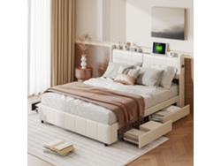 Cama De Matrimonio 160x200 Cm Tapizada Con Carga Usb Y 4 Cajones, Cabecero Con Espacio De Almacenaje, Pu Blanco