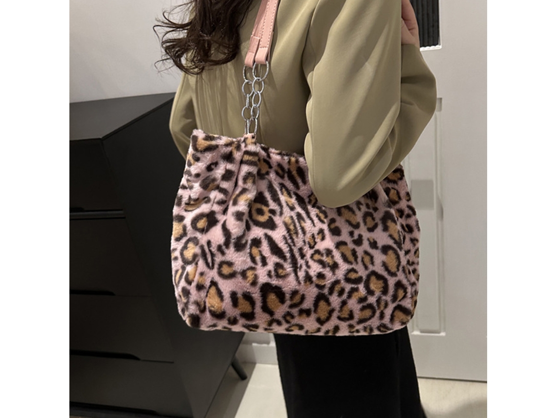 Bolso De Hombro De Felpa Con Estampado De Leopardo, Gran Capacidad, Elegante Para Mujer, Ideal Para Uso Diario, Viajes Y Compras.