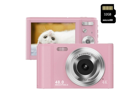 Cámara fotos digital compacta LKC DC302AF Nivel de entrada Regalo de cámara para niños 4K 48MP ZOOM 16X Pantalla de 2,8 pulgadas + 32GB - Rosa