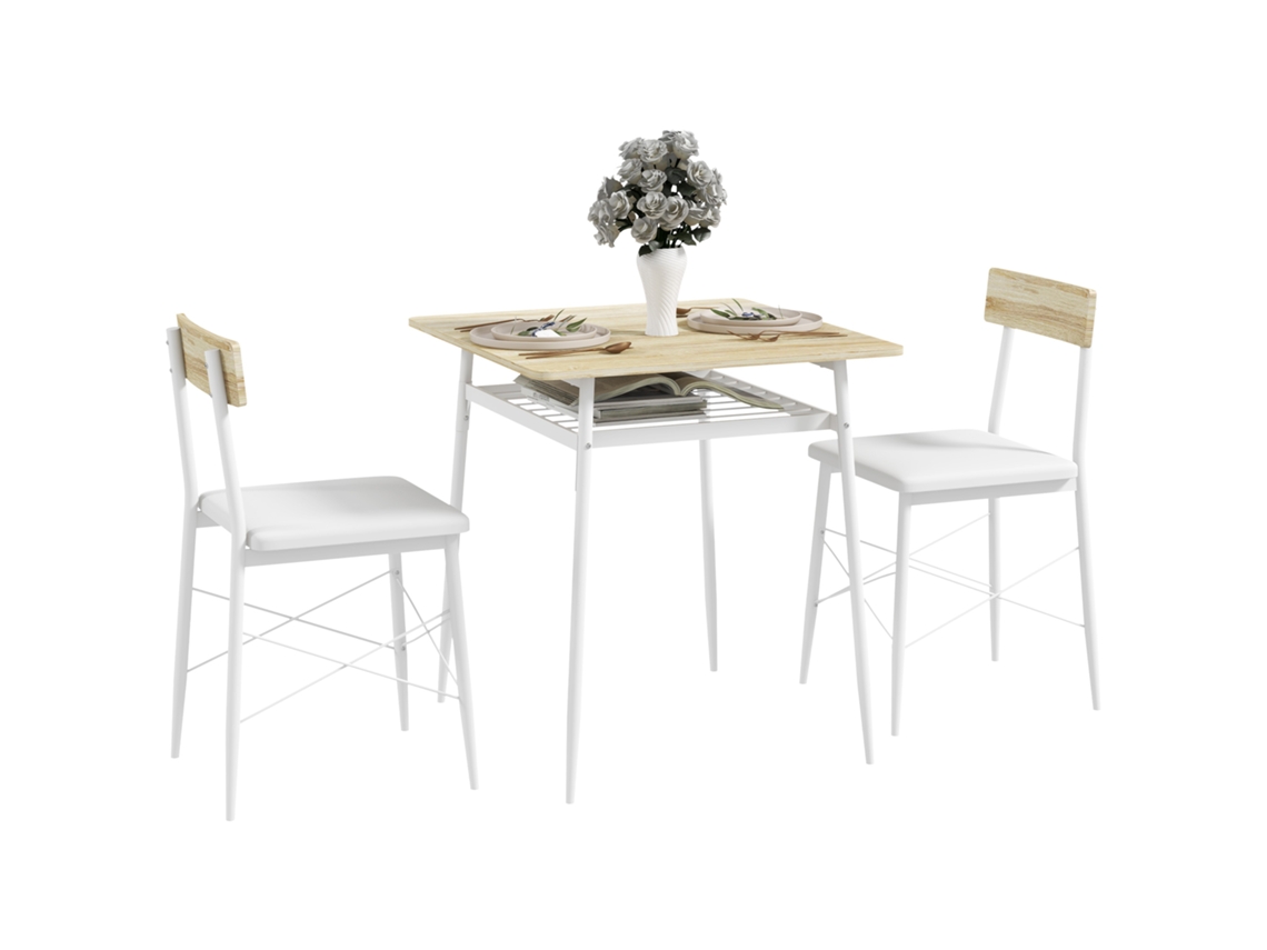 Juego De Mesa De Comedor De 3 Piezas Con Estante Abierto, Estructura De Acero Y Acabado En Roble Blanco.