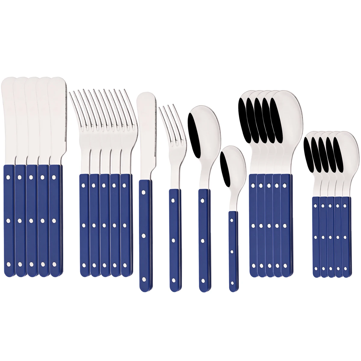 Cubiertos de acero inoxidable con mango acrílico, que incluyen cuchillo, tenedor y cuchara MDUG (azul, juego de 24 piezas)