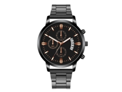 Reloj De Cuarzo Para Hombre Con Calendario Dial Redondo Correa De Acero Negro Oro Rosa