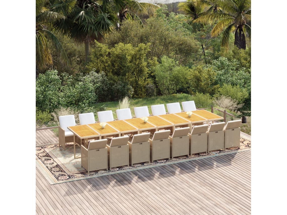17 Pcs Conjunto de Comedor para Jardín con Almohadones en Mimbre PE en Beige