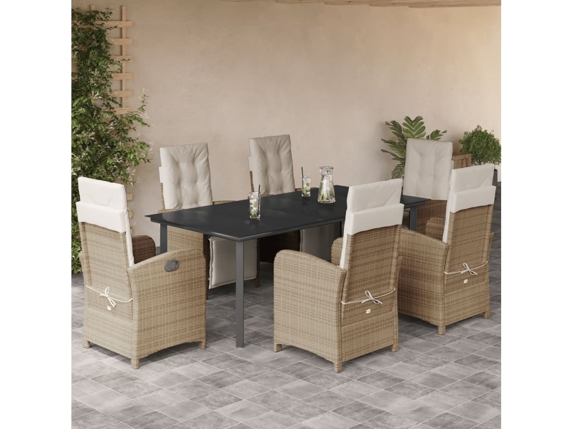 Juego de comedor de jardín de 7 piezas con cojines, mimbre sintético beige, DKD Home Decor