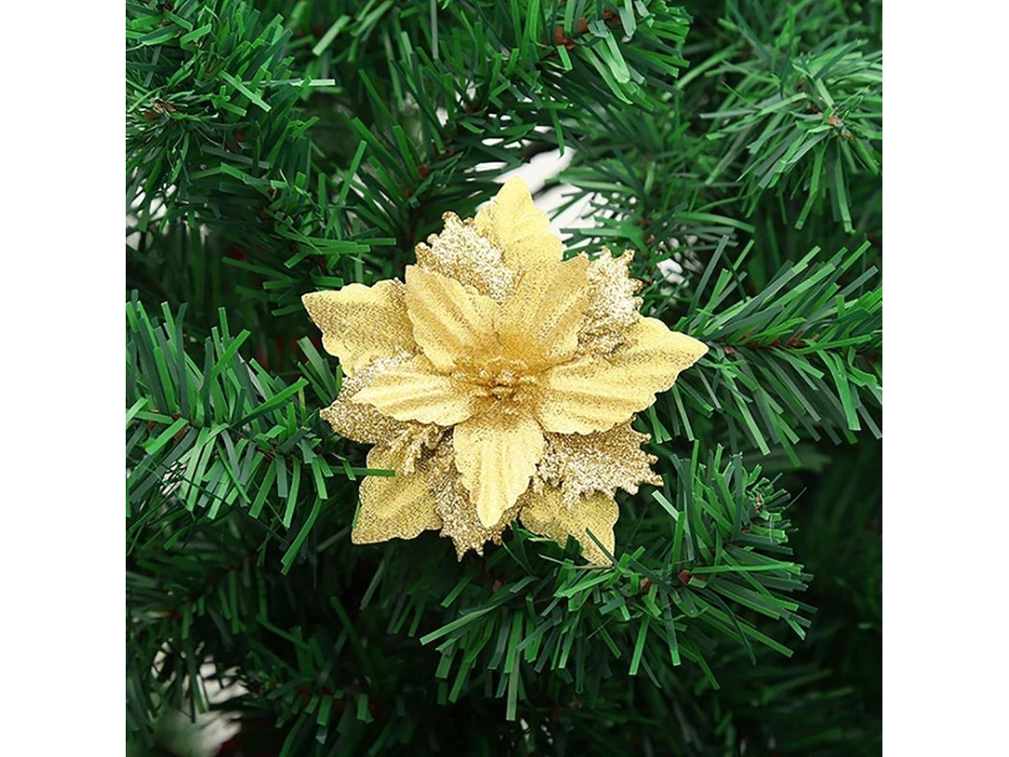 Juego De 12 Flores Artificiales De Nochebuena Doradas Con Purpurina Para Decorar El Árbol De Navidad.