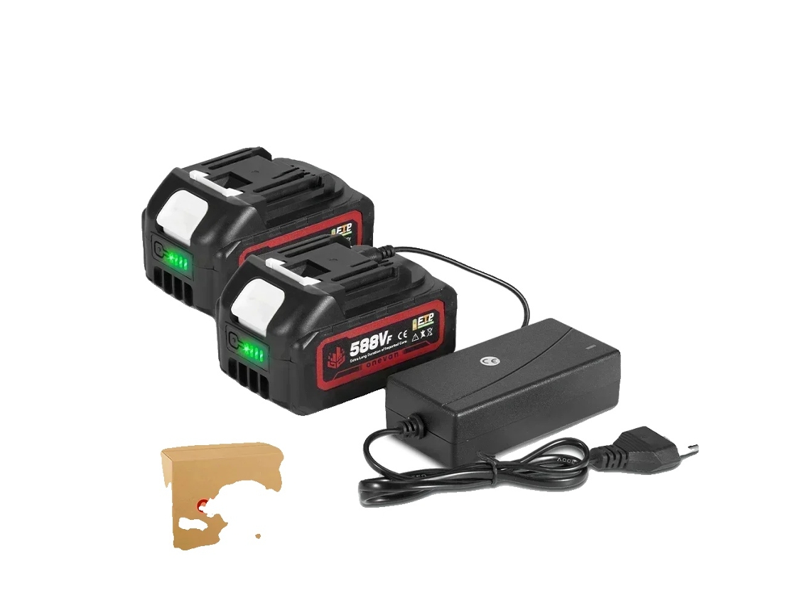 Batería recargable con capacidad de 22900 mAh, compatible con herramientas de 18 V, como se muestra en la imagen. Incluye 2 baterías y 1 cargador.