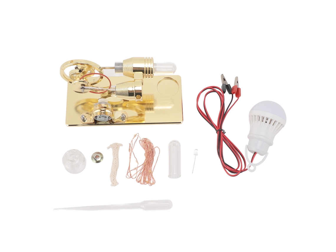 Modelo De Motor Stirling Con Luz Led Y Volante - Juguete Educativo - Generador De Electricidad - Dorado