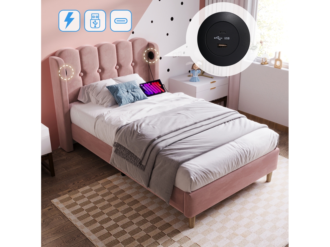 Cama 90x200cm Tapizada En Terciopelo - Con Puertos De Carga Y Somier - Rosa