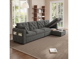 Sofá Moderno De Terciopelo 281x86x71 Cm - Con Almacenamiento, Brazo Con Bolsillos, Respaldo Con Botones - Gris