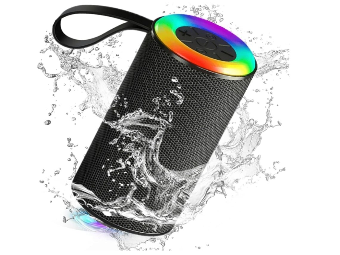 Altavoz Bluetooth portátil resistente al agua IPX5, emparejamiento dual, Bluetooth 5.3, micrófono integrado, luces RGB y tarjeta TF, tela Chennnls negra.