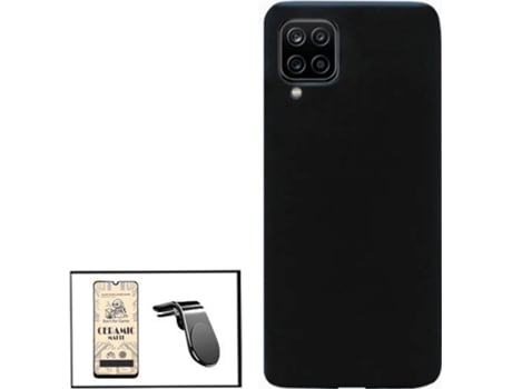 Kit Cristal Templado CeramicGlass Full Cover, Funda Silicona y Soporte Magnético L Safe Driving Coche Samsung Galaxy A12 Nacho PHONECARE Negro