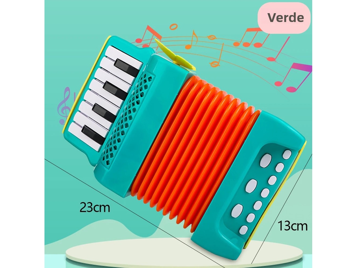 Acordeón de juguete (verde) con 10 teclas y 8 bajos - Instrumento musical educativo