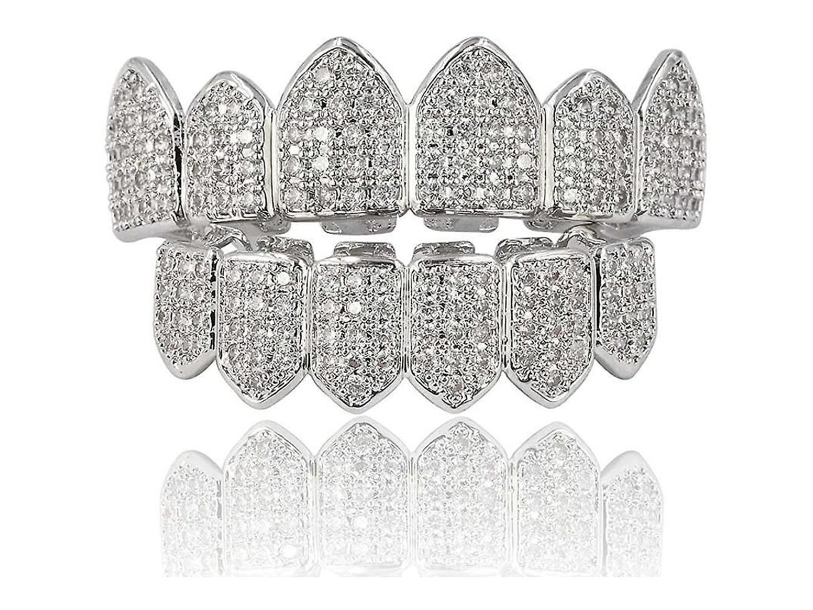 Parrilla Dental De Oro De 18 Quilates Con Diamantes Simulados, Incluye Molde Ajustable.