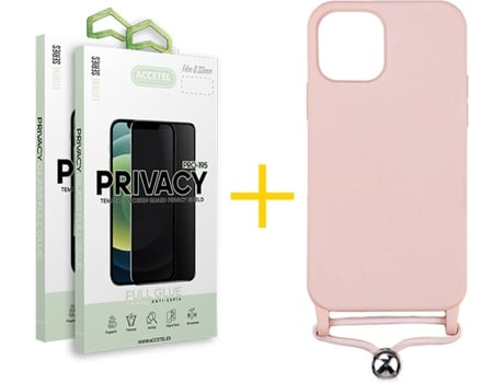 Carcasa + 2 Protectores de Vidrio Anti-Spy iPhone 13 Pro Max ACCETEL Gel Rope Rosa Pastel