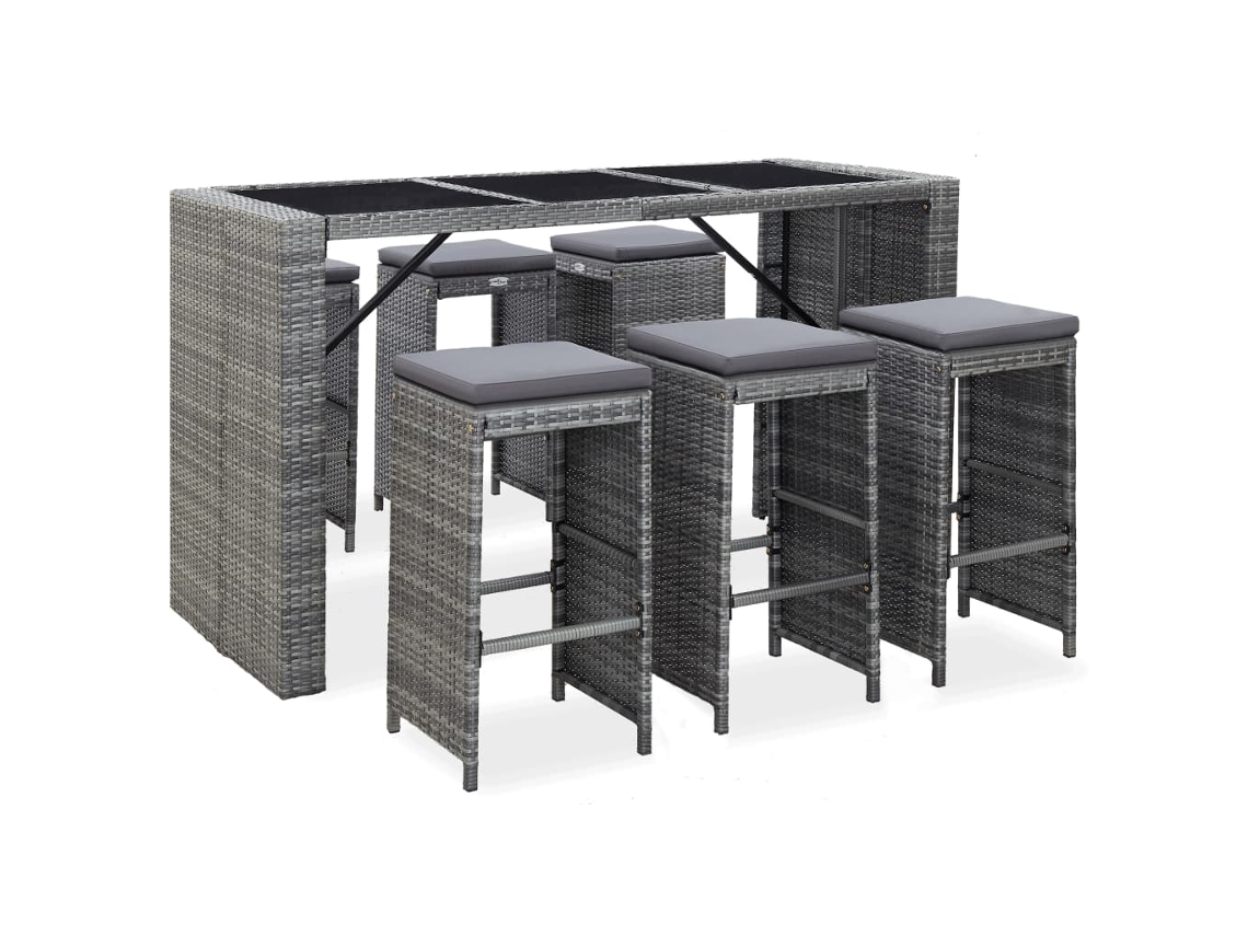 Conjunto de bar de jardín de 7 piezas con cojines, mimbre gris, DKD Home Decor