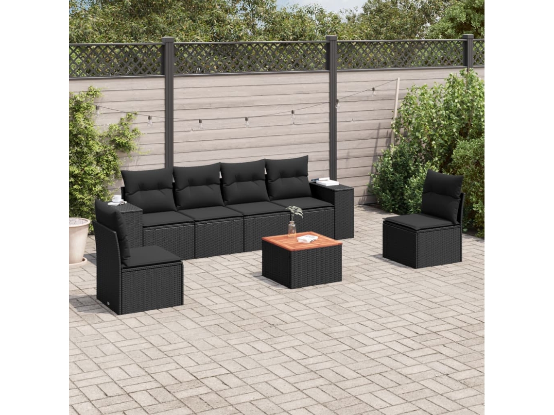 Conjunto de sofá de jardín de 7 piezas con cojines de mimbre negro de DKD Home Decor