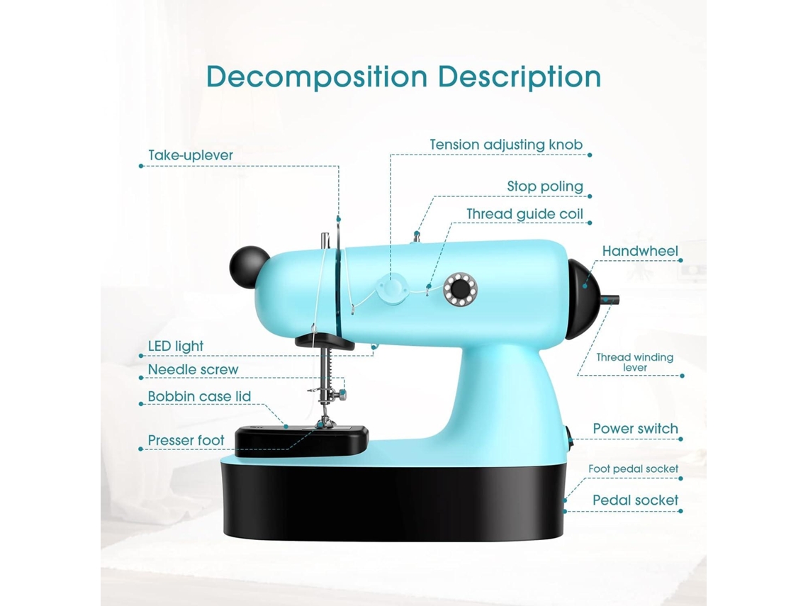 Mini Máquina de Coser Eléctrica con Bolsa de Costura, Tabla de Extensión, Luz LED, Costura Rápida para Ropa, Jeans, Cortinas, DIY Hogar Viaje (Azul) BISBISOUS