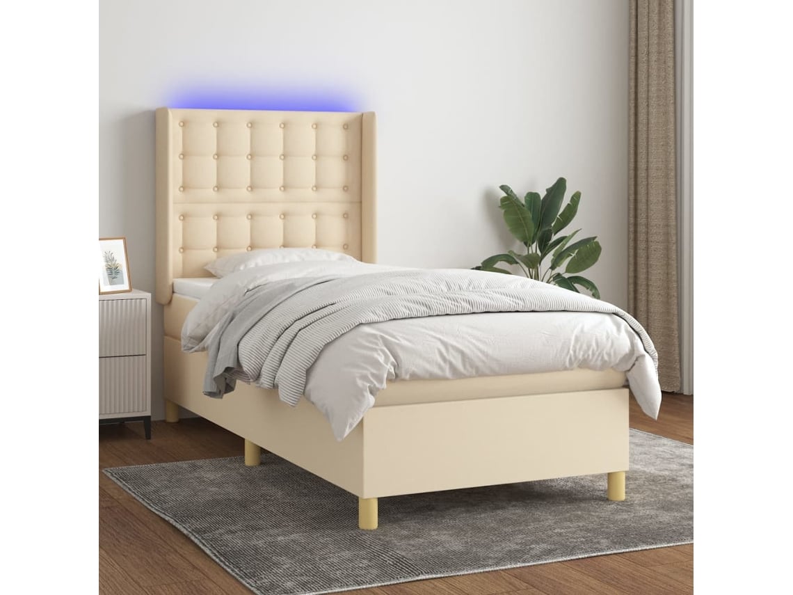 Cama Box Spring Colchón Y Luces Led Tela Crema 100x200 Cm