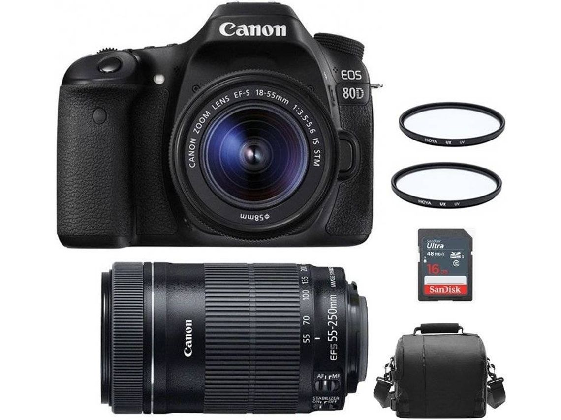 Cámara Reflex CANON EOS 80D + Objectivo EF-S 18-55MM F3.5-5.6 IS STM + Objectivo EF-S 55-250MM F4-5.6 IS STM + Bolsa + Tarjeta SD 16GB + HOYA UX UV 58MM Filtro + HOYA UX UV 58MM Filtro (APS-C)