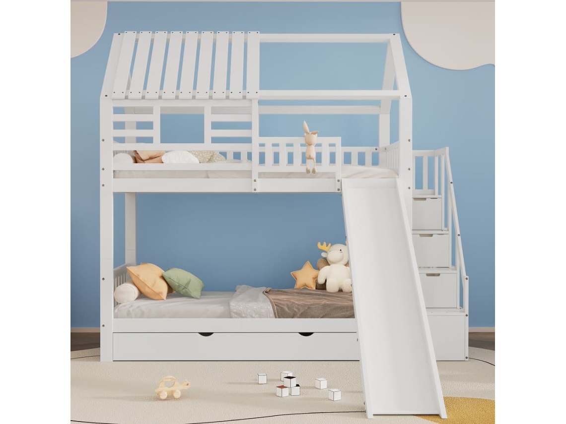 Cama Litera 90x200 - Casa Con Escalera Y Tobogán, Escalera Con Almacenamiento, Ventana Y Techo, Barandilla De Seguridad, Cajón - Blanco