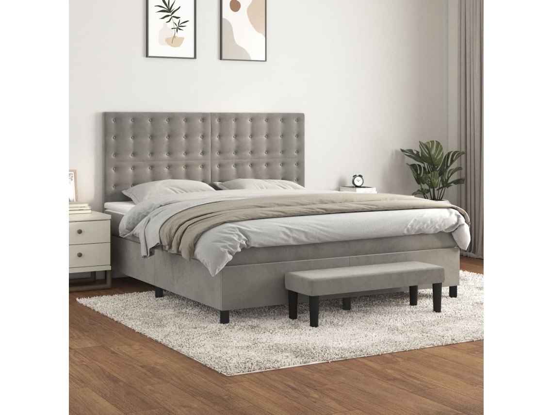 Cama Box Spring Con Colchón Terciopelo Gris Claro 160x200 Cm