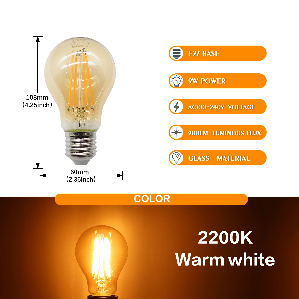 Bombillas Led De 9 W (e27, Cristal, 2200 K, 10 Unidades), Luces De Decoración Para El Hogar.