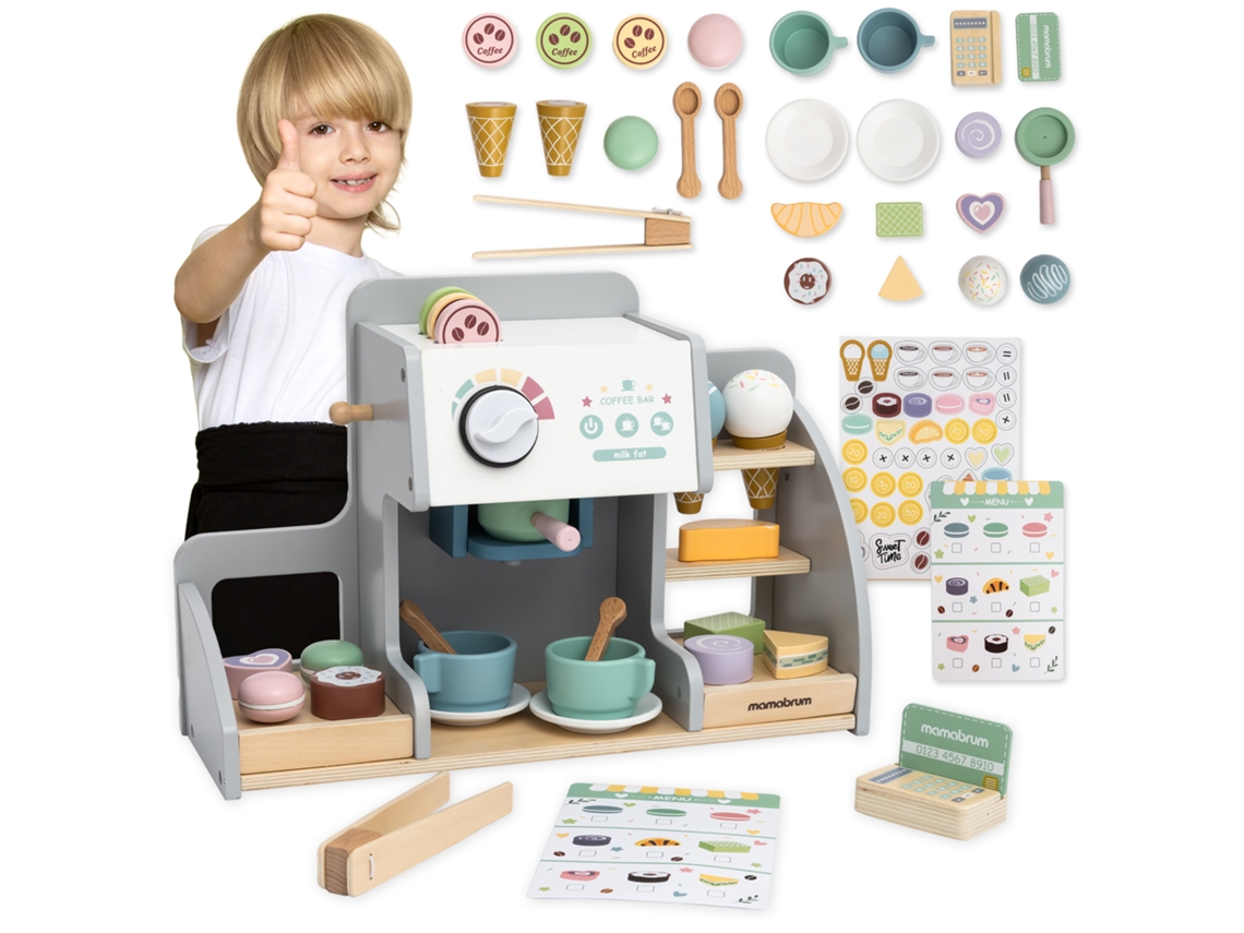 Puesto De Mercado De Madera Con Gran Nevera, Pizarra Magnética, Máquina De Café, Set De Helados Y Postres, +70 Piezas – Juego Creativo Y Educativo