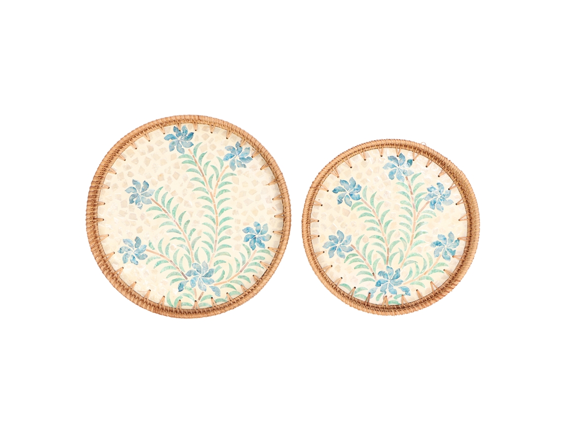2 Bandejas Tradicionales De Mimbre Tejido Para Aperitivos, Ecológicas, Con Diseño Decorativo De Cymbidium.
