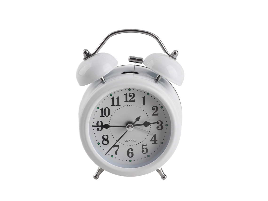Despertador Baok de 7,6 cm con dos campanas, diseño moderno de metal, silencioso, funciona con pilas, color blanco, para mesita de noche.
