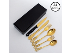 Vajilla dorada MDUG de 24 piezas con cubiertos y cucharas de acero inoxidable con diseño en relieve