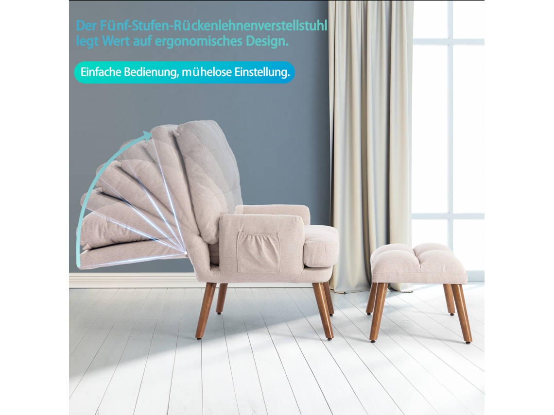 Chaise longue YCONE con reposapiés, respaldo ajustable en 5 posiciones y estante lateral beige.