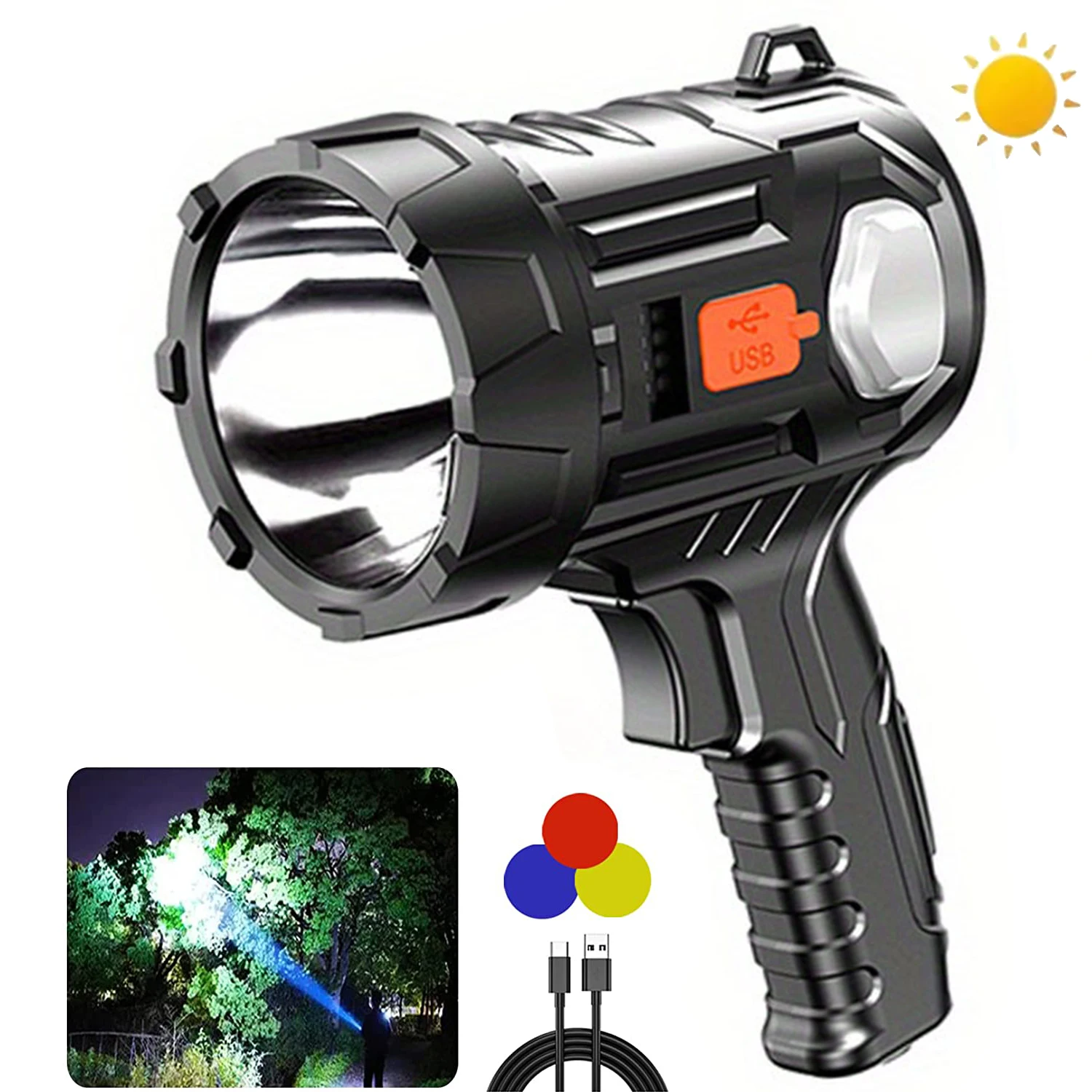 Foco LED recargable superbrillante con batería de larga duración y filtro de tres colores, ideal para camping e iluminación de áreas extensas. Aeuzwr