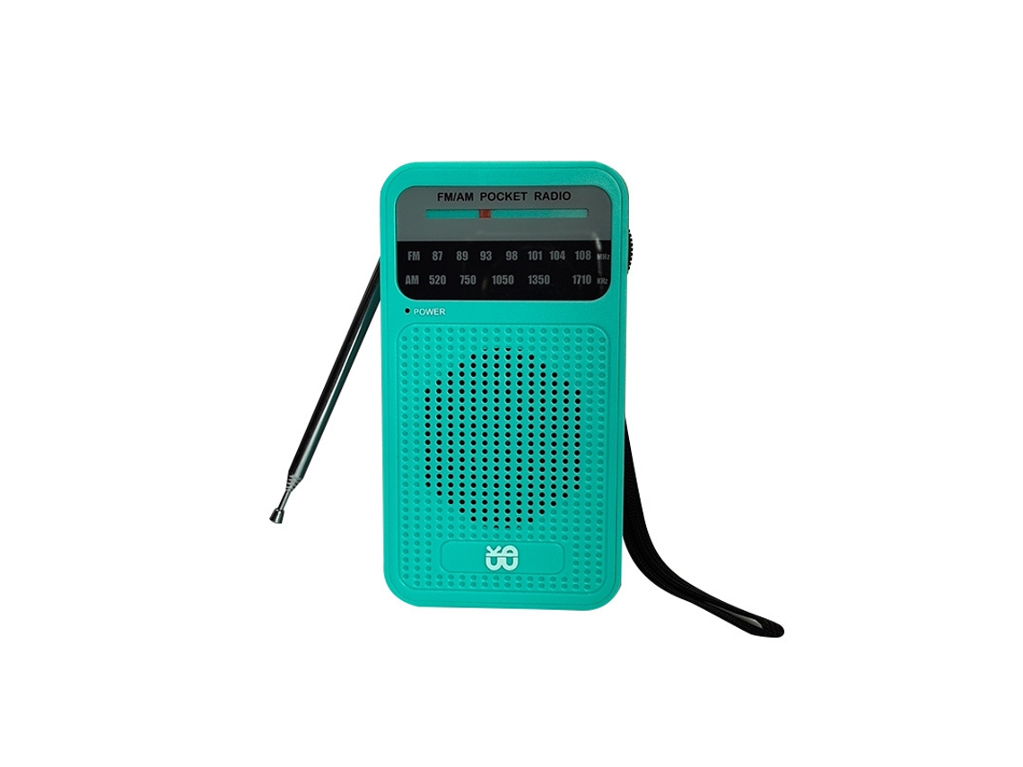 Radio portátil AM FM con altavoz, entrada para auriculares, 2 pilas AA, color verde