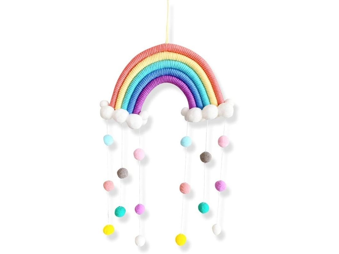 Decoración De Pared De Macramé Hecha A Mano Con Cuentas De Fieltro Y Arcoíris.