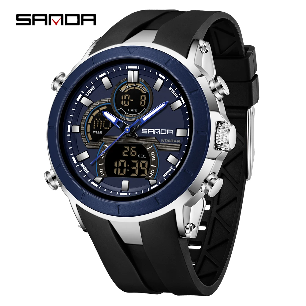Reloj De Cuarzo Cronógrafo (negro Y Azul) Con Indicador Digital De Fecha Y Día, Reloj Deportivo Para Hombre.