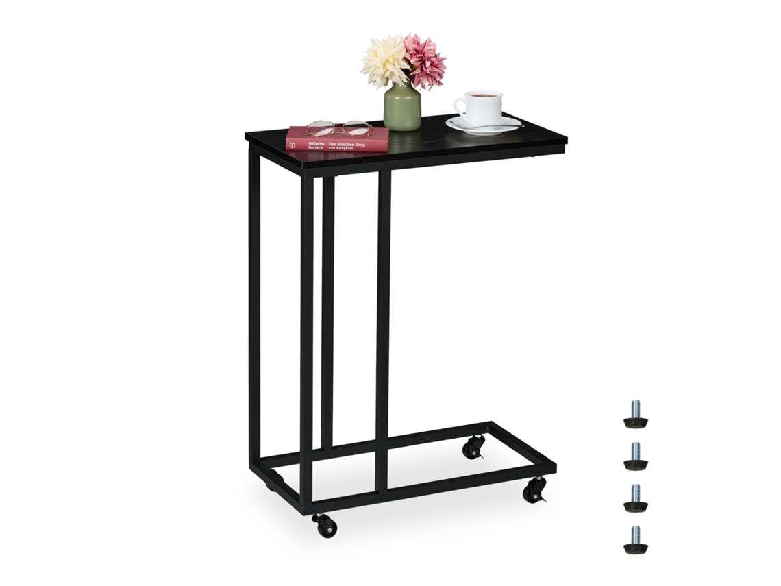 Mesa Auxiliar Relaxdays Em C, A X L X P 79x60x30 Cm, Com Rodízios, Para Colocar Debaixo Do Sofá, Metal E Mdf, Preta