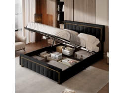 Cama Tapizada 140 X 200 Cm Cama Doble Con Borde En Fibra Dorada, Cama Con Almacenamiento Hidráulico, Estructura De Cama Para Adultos, Terciopelo