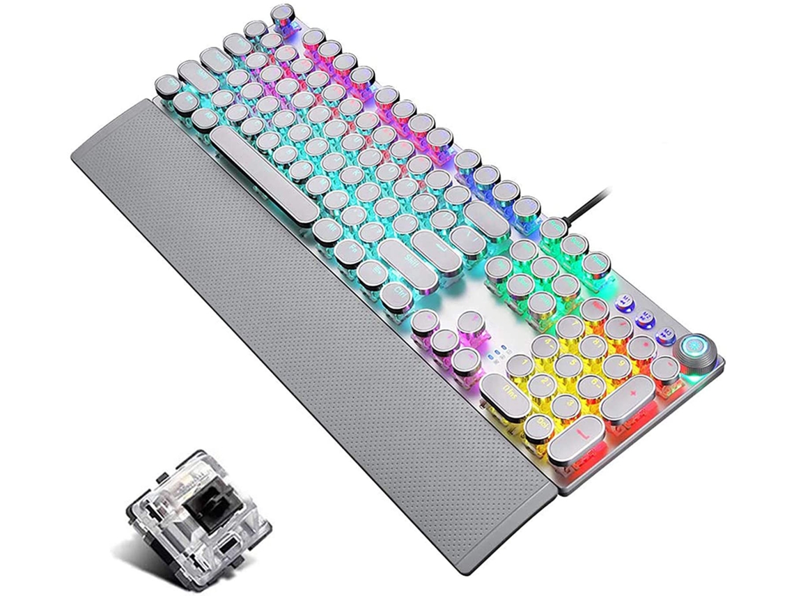 Teclado para juegos Steampunk, estilo máquina de escribir retro con retroiluminación LED y teclas redondas, totalmente anti-efecto fantasma para juegos y trabajo.