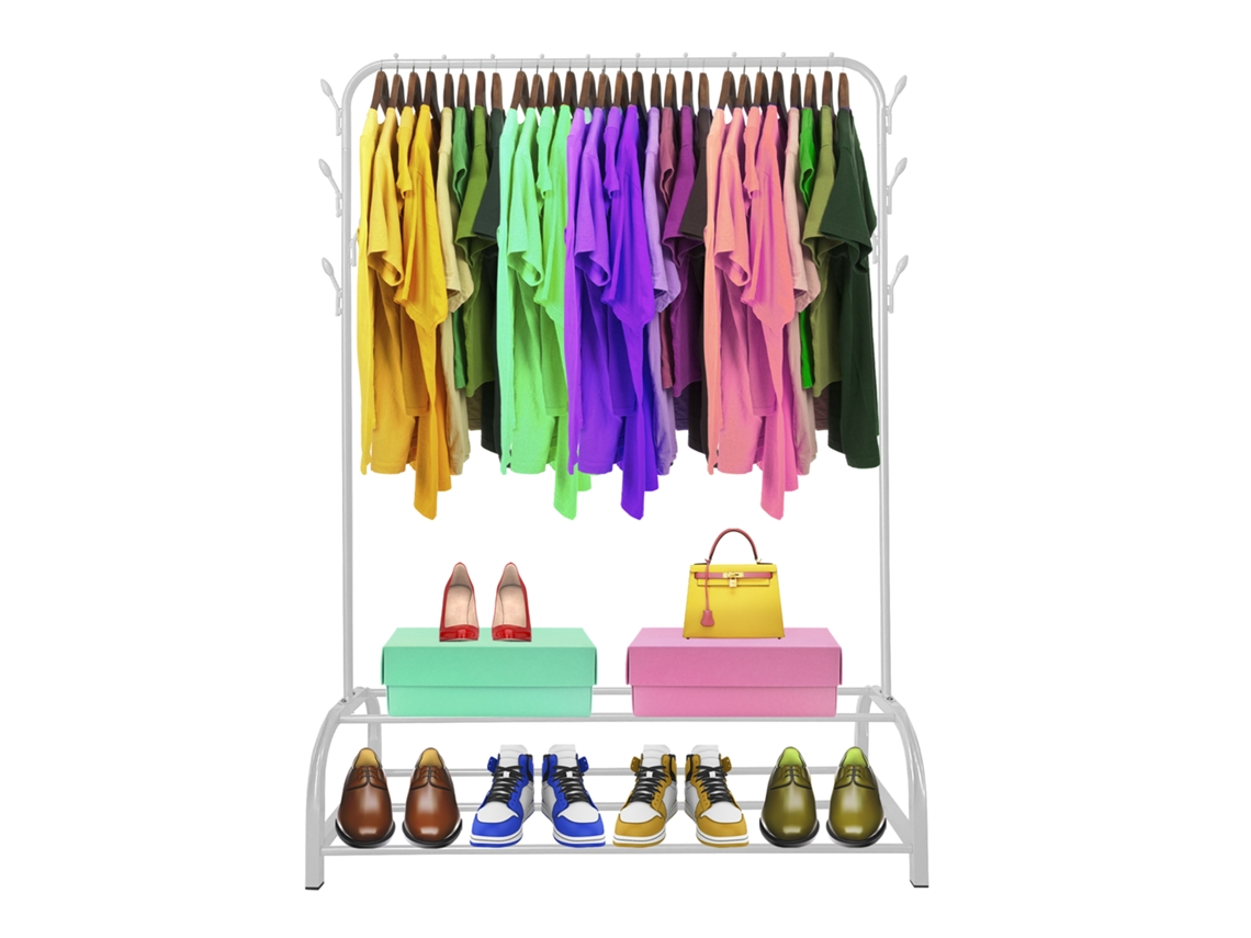 Perchero Burro Premium Rack 2 Stand NYANA Home 158x110x39cm, 1 barra para colgar, 8 ganchos laterales, 2 baldas inferiores Blanco .