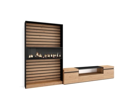 Muebles de Salón para TV SKRAUT HOME Para TV hasta 80", Chimenea eléctrica, Roble y Negro (310x186x35 cm)