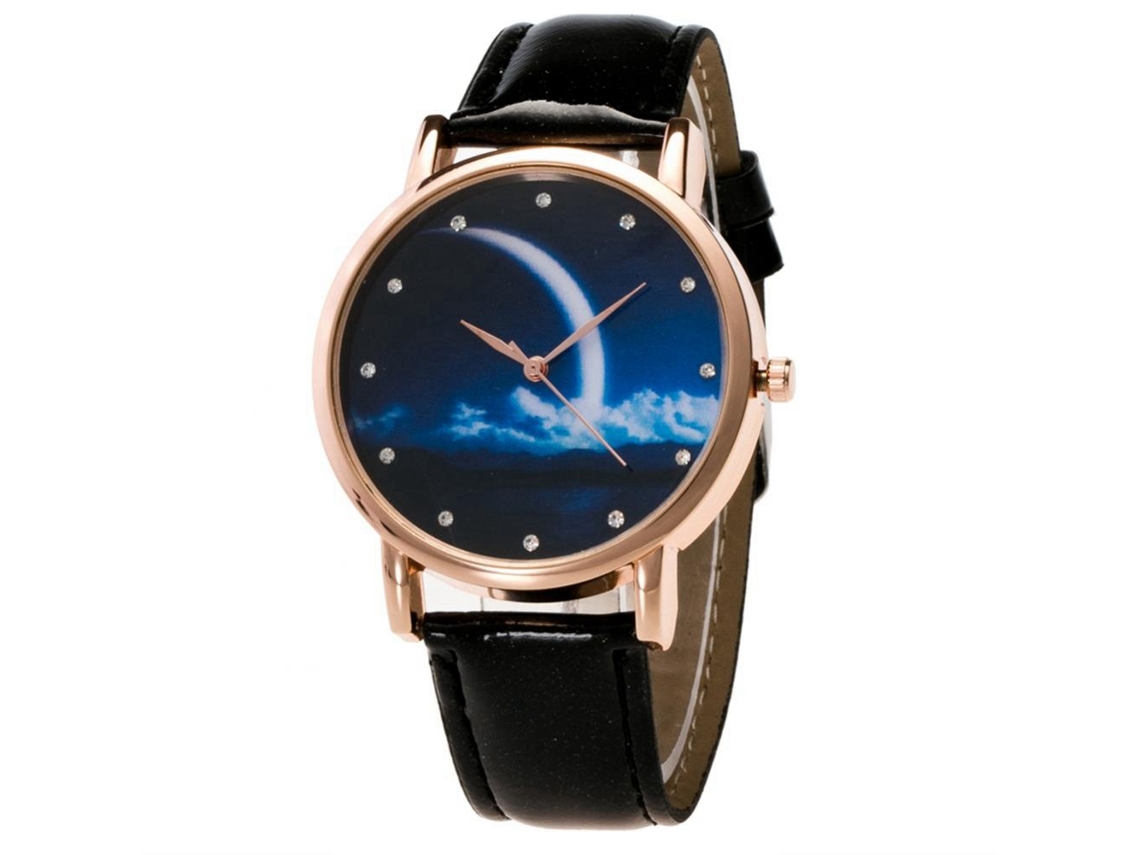 Reloj De Pulsera Con Strass Patrón Luna Nocturna Correa De Cuero Pu Negro