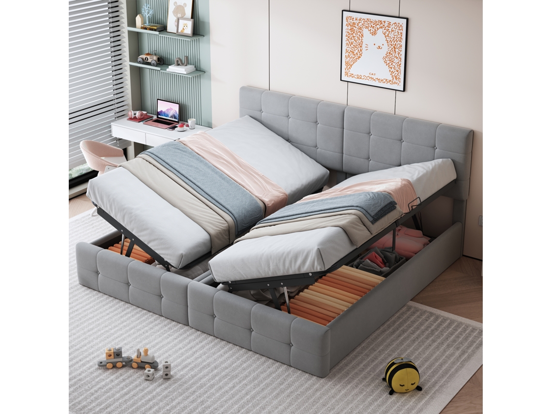 Cama Doble Gris De 180x200 Cm, De Terciopelo, Con Compartimento De Almacenamiento Hidráulico Y Estructura Metálica.